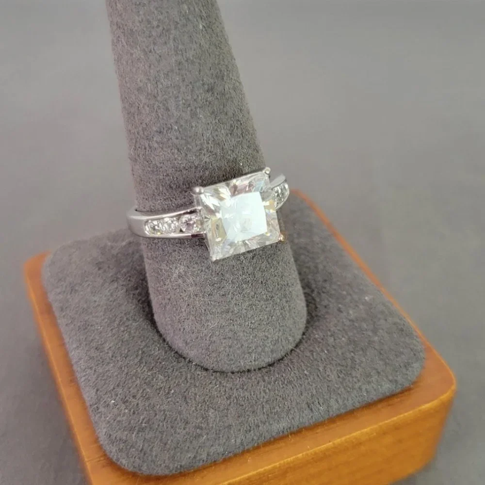 Sparkling Silver 4ct Princess Cut w/ Round Side Stones CZ Engagement Ring, Sz 9 - Picture 4 of 14